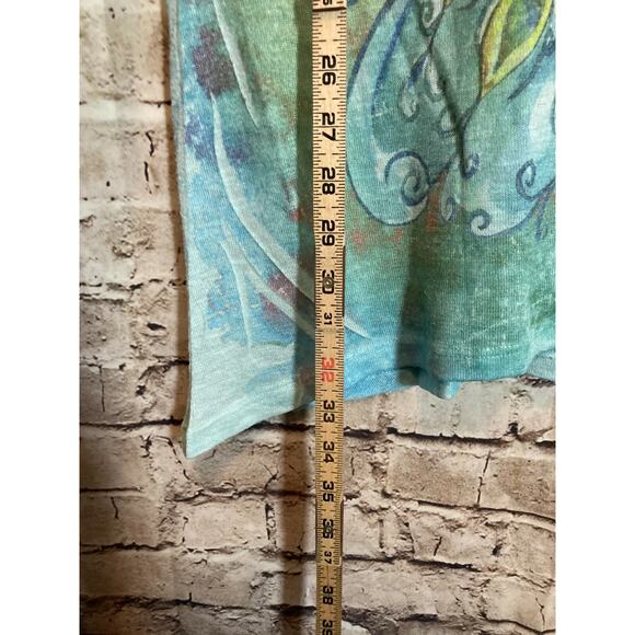 Studio Gem Q. Tunic Top Womens Large Turquoise Peacock Print Flowy Artsy Sequin - Picture 9 of 13